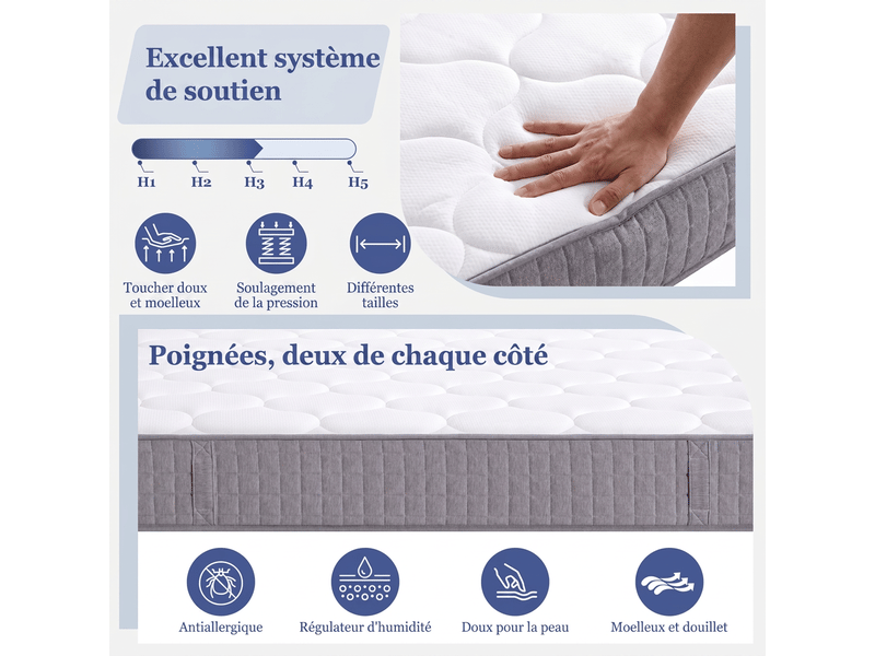 Matelas à ressorts ensachés 90x200 ergonomique 7 zones épaisseur 25 cm fermeté h3 blanc - Conforama W