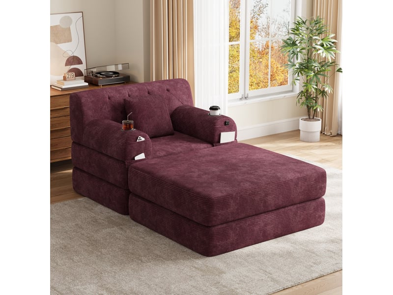  Fauteuil convertible compressé 1 place avec pouf, en velours côtelé rouge bordeaux  - Conforama D