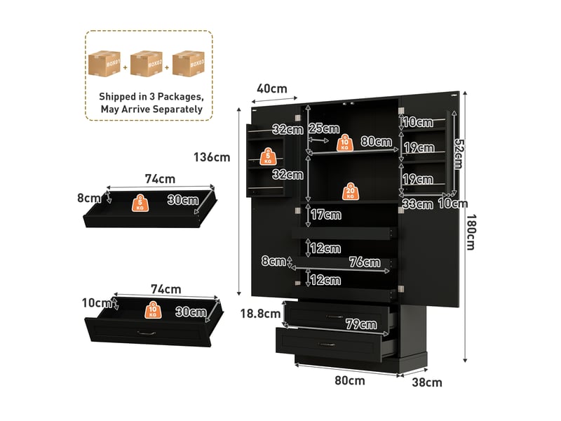  Buffet de cuisine noir 180x80x37,5 cm, meuble haut en mdf avec 2 tiroirs intégrés et étagères coulissantes pour rangement cuisine  - Conforama C