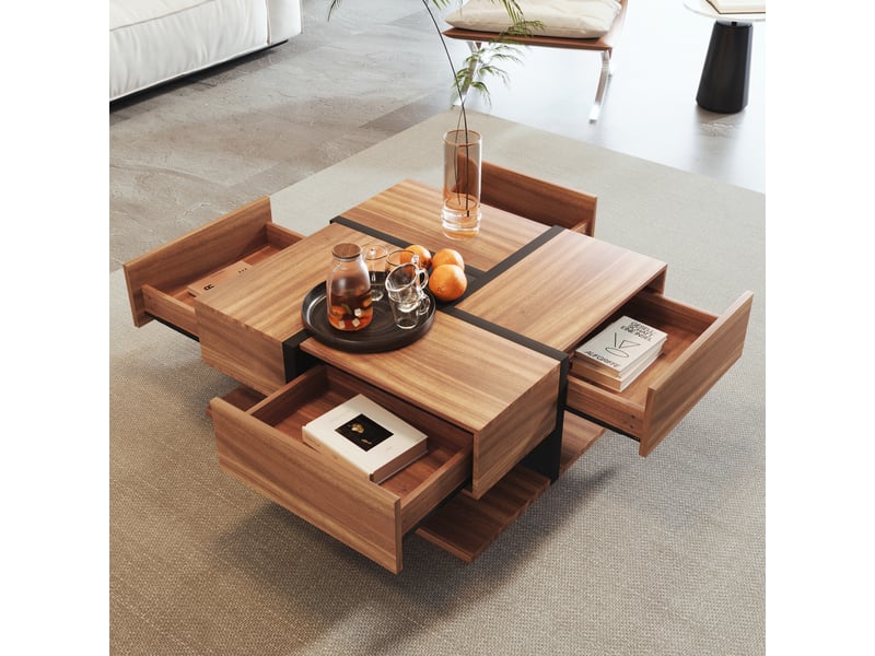  Table basse carrée bois et noir, table de salon avec 4 tiroirs et étagère, 78x78x36 cm  - Conforama R