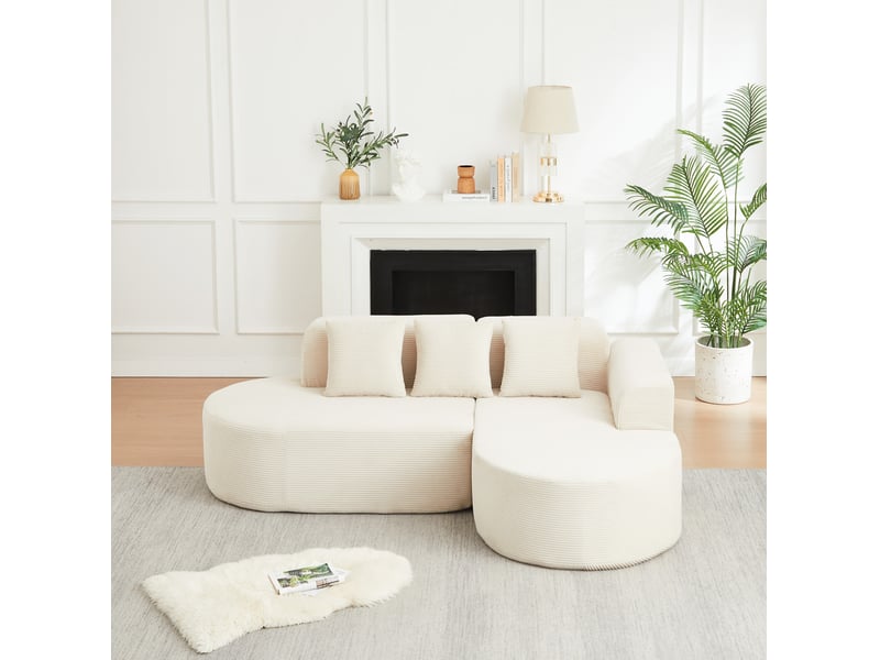  Canapé d'angle en l modulaire modenvie 4 places 220 x 155 x 70 cm en velours côtelé beige, avec méridienne et formes arrondies  - Conforama E