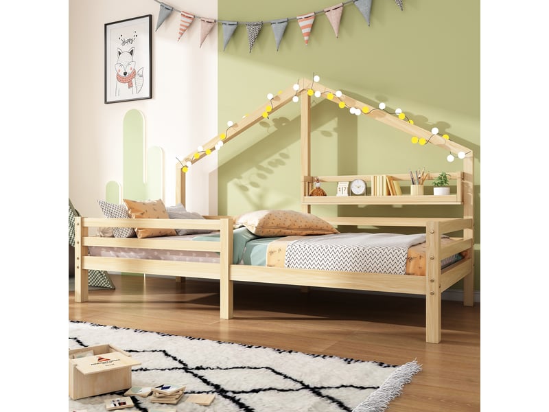  Lit cabane pour enfant avec étagère en forme de cheminée, 90x200 cm, naturel  - Conforama D
