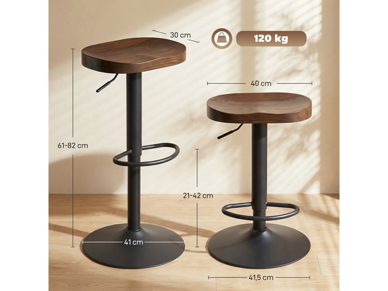  Tabourets de bar lot de 2 réglables pivotants chaises de cuisine avec siège en bois d'orme marron foncé  - Conforama E