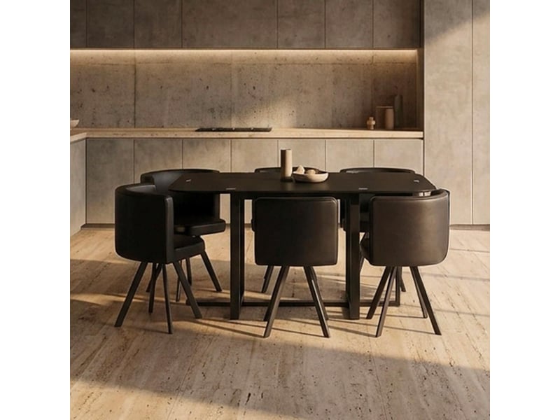 Table 90x150cm avec 6 sièges gain de place mosaic xl verre noir mat et métal noir Mosaic - Conforama C