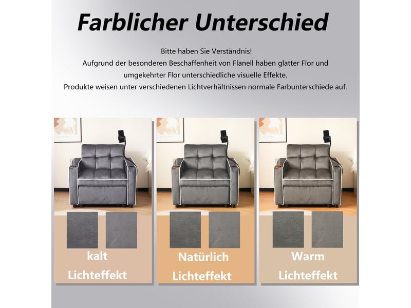  Fauteuil convertible 3 en 1, canapé-lit 1 place velours avec porte-gobelets et support téléphone, gris foncé, 83x167x76cm  - Conforama R