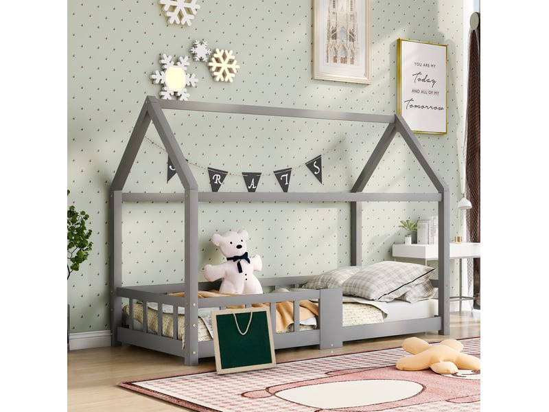 Lit cabane enfant 90x200 cm gris avec tableau et barrière de protection - Conforama B