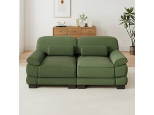 Canapé 2 places en velours côtelé vert, design modulaire, assise profonde, coussin lombaire inclus, 194×88,5×94 cm