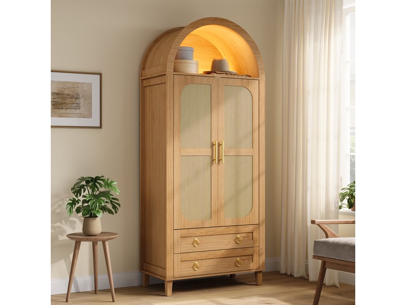  Armoire cintrée, niche ouverte en haut, led pilotée par app, rangement 2 portes avec façade décor rotin, tringle intérieure, 2 tiroirs bas  - Conforama E