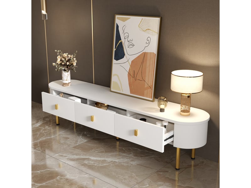 Meuble tv avec 3 tiroirs et bords arrondis pour salon en mdf 174×35×41 cm blanc et doré  - Conforama B