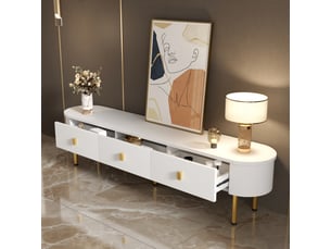 Meuble tv avec 3 tiroirs et bords arrondis pour salon en mdf 174×35×41 cm blanc et doré