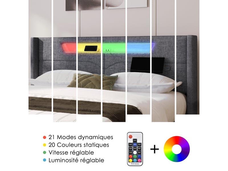 Lit double led avec rangement, usb-c, lin gris, 160x200 cm avec matelas - Conforama D