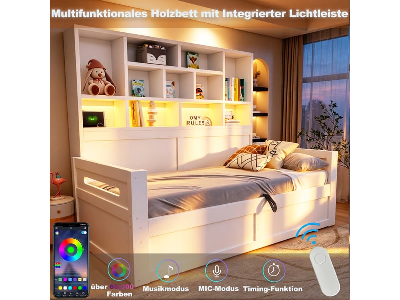 Lit coffre 90x200 cm - lit 1 personne avec rangement - tête de lit avec étagères - led et prises - blanc - Conforama R
