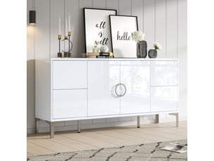 Buffet blanc brillant 150 cm en mdf, 4 tiroirs sans poignées, 2 portes et pieds en métal, meuble bas pour salon et salle à manger