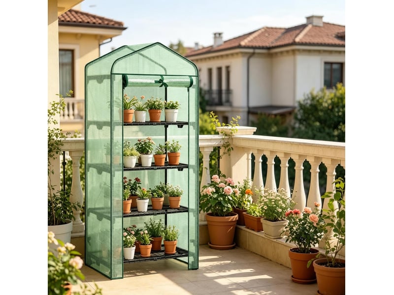  Serre de jardin 70x50x163 cm sur roulettes à 4 niveaux en maille métallique verte  - Conforama B