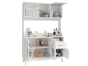 Buffet haut blanc 120 × 40 × 178 cm, 2 prises, usb-ausb-c, vitrage acrylique ondulé, grand format vertical, rangement organisé