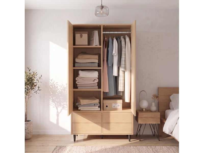 Armoire 2 portes 90x45x200 cm effet chêne clair avec miroir et 4 tiroirs - Conforama E