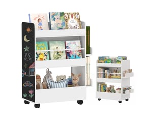 Bibliothèque pour enfants avec 4 étagères, compartiment inférieur, 2 panneaux latéraux, tableau noir, roulettes, pour les 3-8 ans, 66,5 x 32,5 x 86,5 cm, blanche
