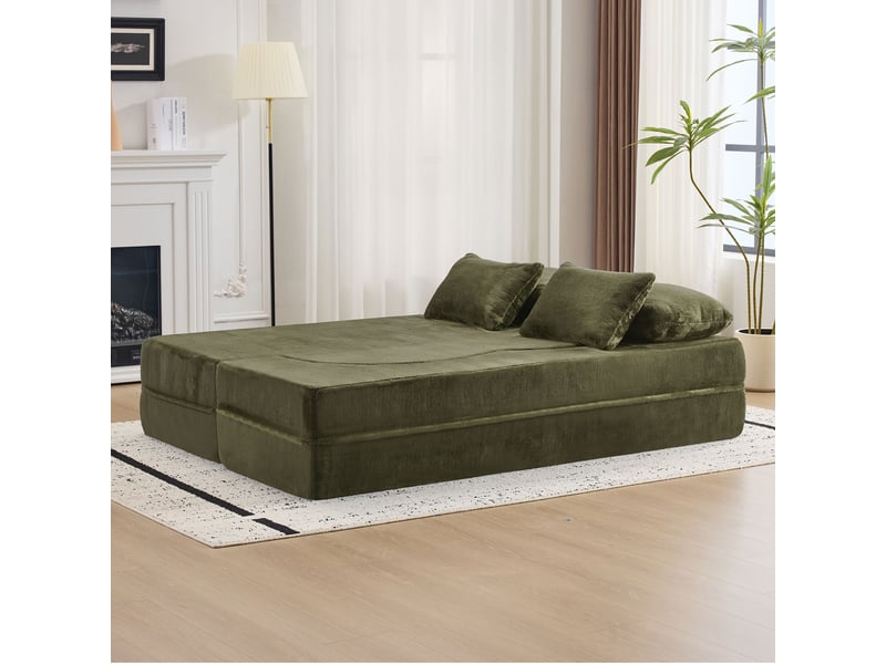  Canapé convertible au sol 2-en-1 avec 4 coussins  - futon pliable, tissu peluche - vert  - Conforama C