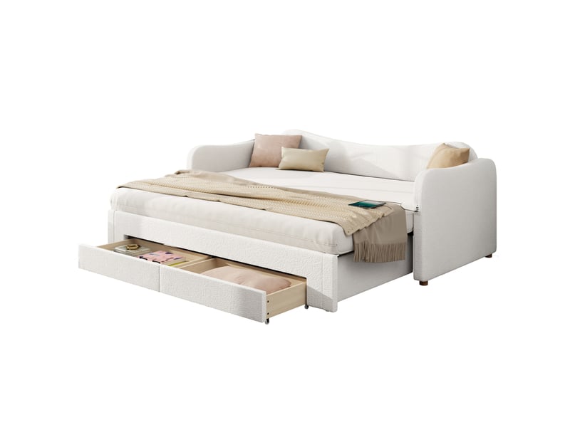  Lit simple 90x200 cm transformable en 180x200 cm, 2 tiroirs, en bouclé beige  - Conforama A