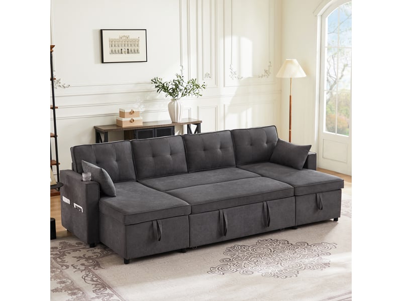 Canapé convertible en u 270x130 cm, canapé-lit 45 places avec rangements, porte-gobelets, 2 coussins, tissu aspect lin - gray - Conforama E