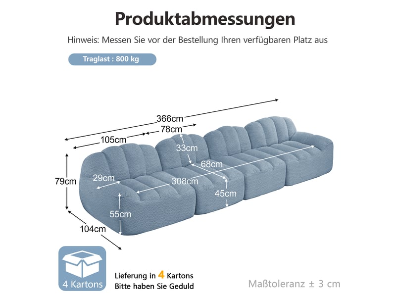  Canapé modulable 4 places 366x104x79 cm, sans montage, polaire granuleux, sans armature, 32d, assise profonde, bleu  - Conforama C