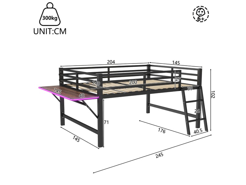 Lit mezzanine 140x200 cm en métal noir avec bureau pliant et éclairage led - Conforama E