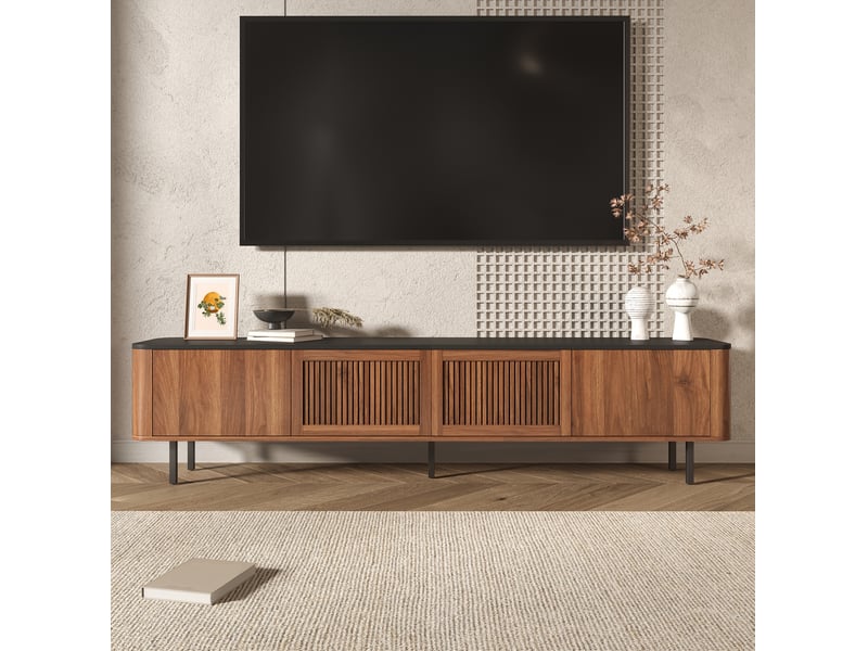  Meuble tv bas 190 x 35 x 45 cm en mdf et panneaux de particules, noyer et noir  - Conforama E