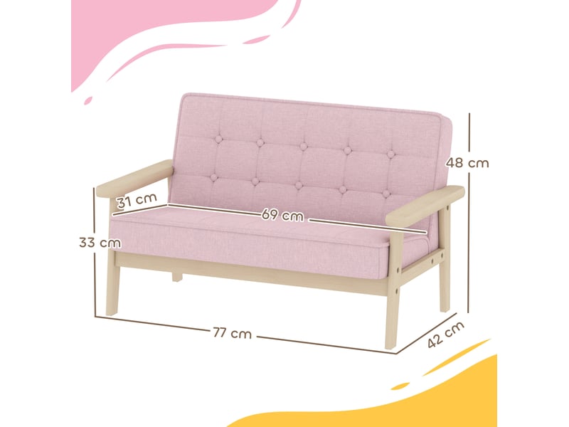  Canapé enfant 2 places 77 x 42 x 48 cm rose, bois et tissu, assise rembourrée de 3 à 15 ans  - Conforama C
