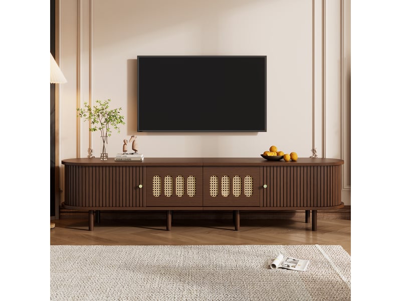  Meuble tv 180 cm couleur noyer, meuble tv bas avec rangement et cannage, pour téléviseur jusqu’à 80 pouces, 2 tiroirs  - Conforama B