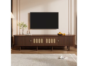 Meuble tv 180 cm couleur noyer, meuble tv bas avec rangement et cannage, pour téléviseur jusqu’à 80 pouces, 2 tiroirs