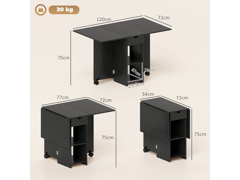 Table à manger pliante, table de cuisine extensible pour 2 à 4 personnes, 120 x 72 x 75 cm, 2 abattants, noir - Conforama C