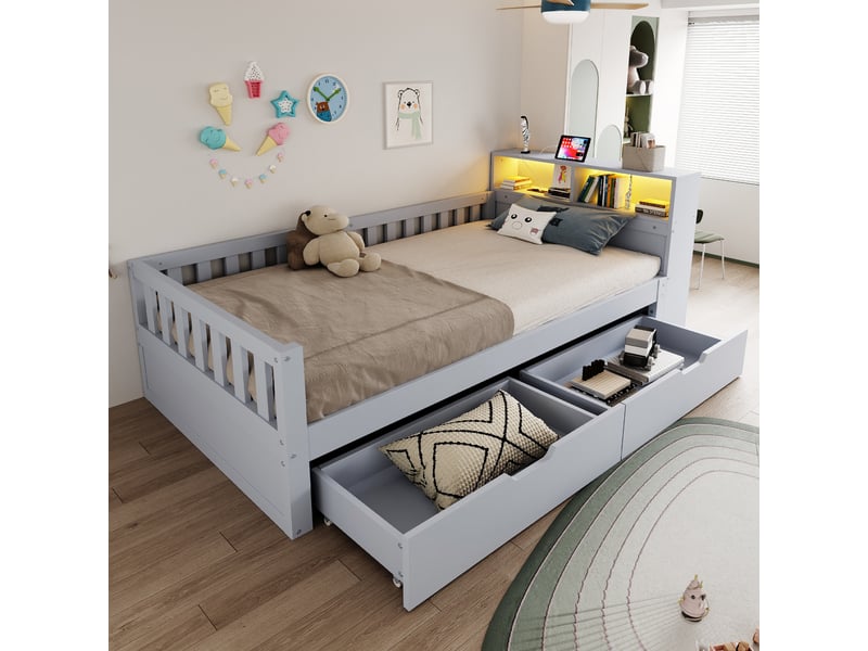  Lit avec rangement 90x200 cm coloris gris led bois massif  - Conforama B