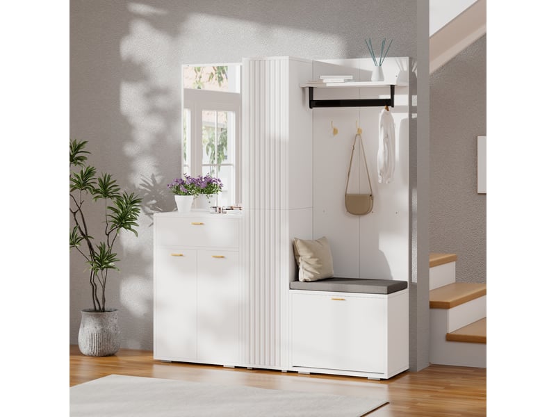  Vestiaire d'entrée 150x36x180 cm blanc en mdf et panneaux de particules, miroir, banc et rangement chaussures  - Conforama B