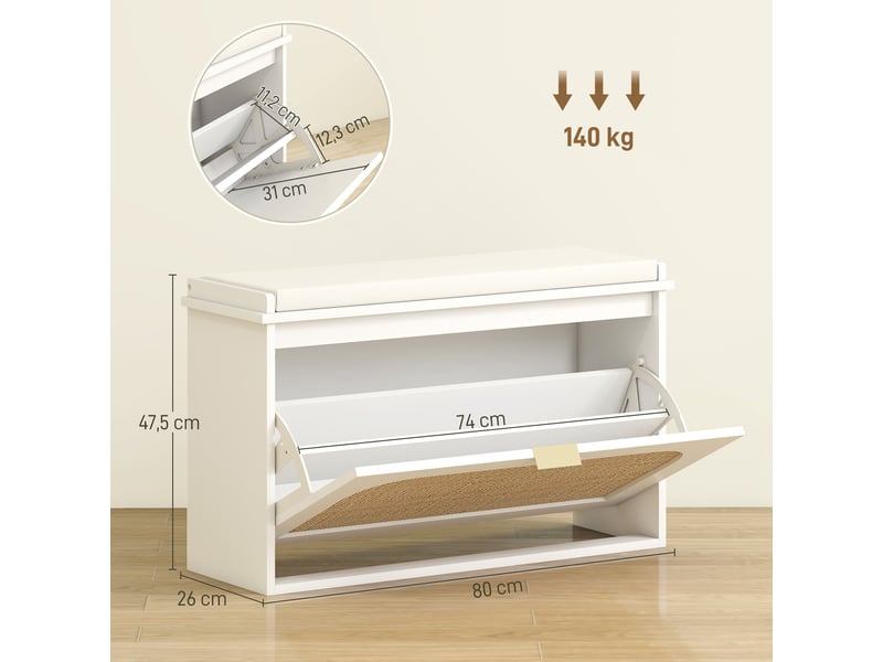  Banc à chaussures, banc de rangement, assise rembourrée, tiroir rabattable, porte en rotin, 80 x 26 x 47,5 cm, blanc  - Conforama E