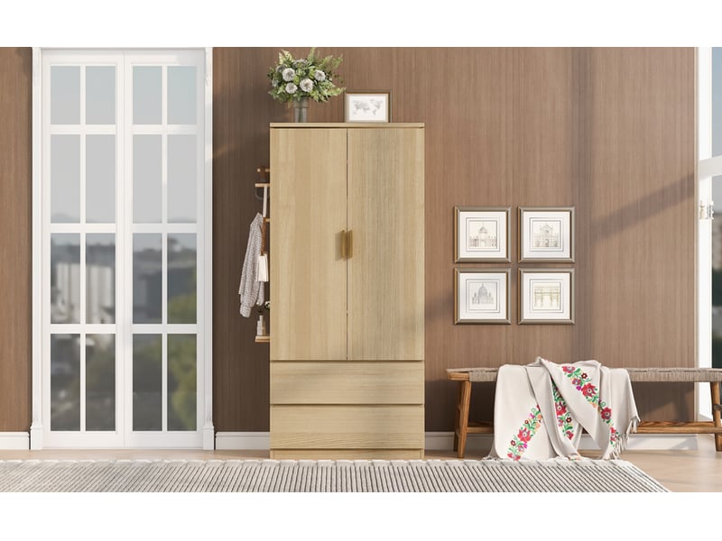  Armoire penderie effet bois avec panneau perforé latéral - 2 tiroirs - rangements cachés - armoire multifonction 70 x 50 x 170 cm  - Conforama E