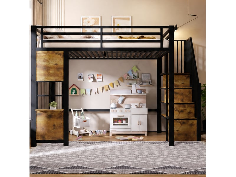  Lit mezzanine enfant 140 × 200 cm 2 places avec escalier de rangement et étagère, sans matelas, noir  - Conforama C