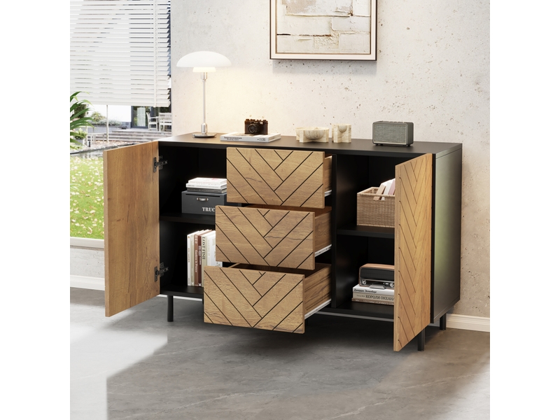 Buffet de salon 120 × 40 × 76 cm, noir et bois naturel, 3 tiroirs et 2 placards fermés, rangement moderne - Conforama B
