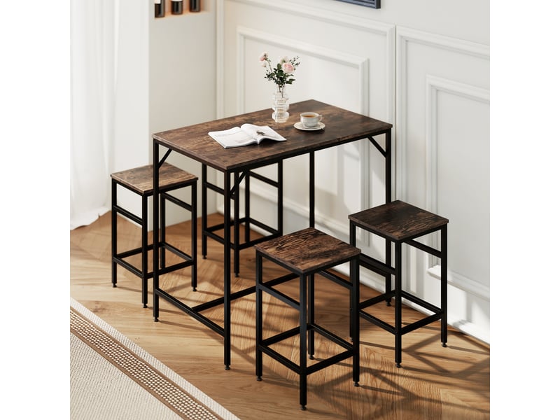  Ensemble tabletabourets cuisine modernes, table haute 4 tabourets industriels, métalbois, saloncuisine, 100x60x88 cm, marron rustique.  - Conforama D