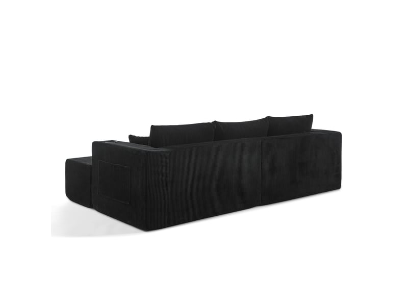 Canapé d’angle modulable 3 places noir en velours côtelé doux avec deux poufs amovibles, porte-gobelets et coussins inclus - Conforama D
