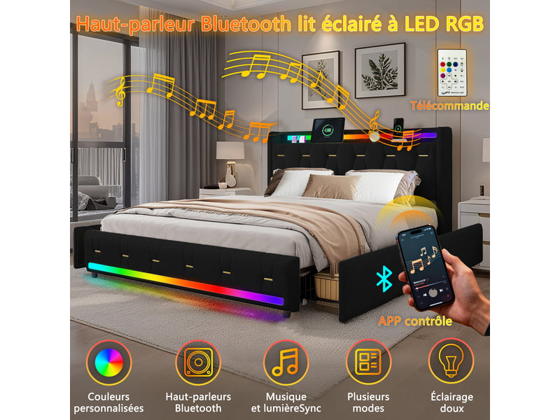  Lit 140x200 cm noir avec rangement, led, 4 tiroirs,ports usb+type-c sans matelas EBD855F-BK - Conforama W