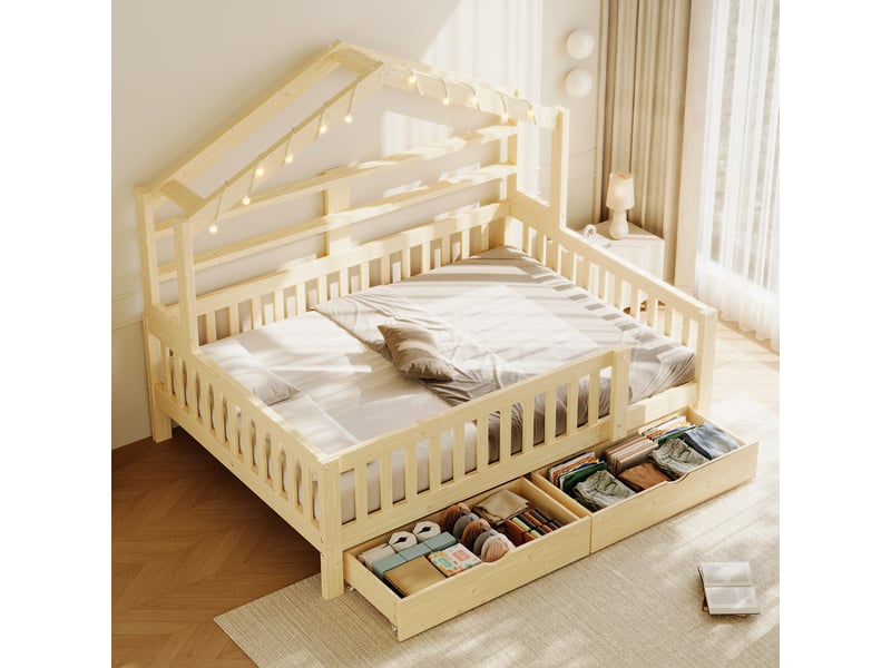  Lit cabane 140x200 cm avec led, 2 tiroirs de rangement et barrières de sécurité, lit enfant en forme de maison avec toit, pin et mdf naturel  - Conforama C