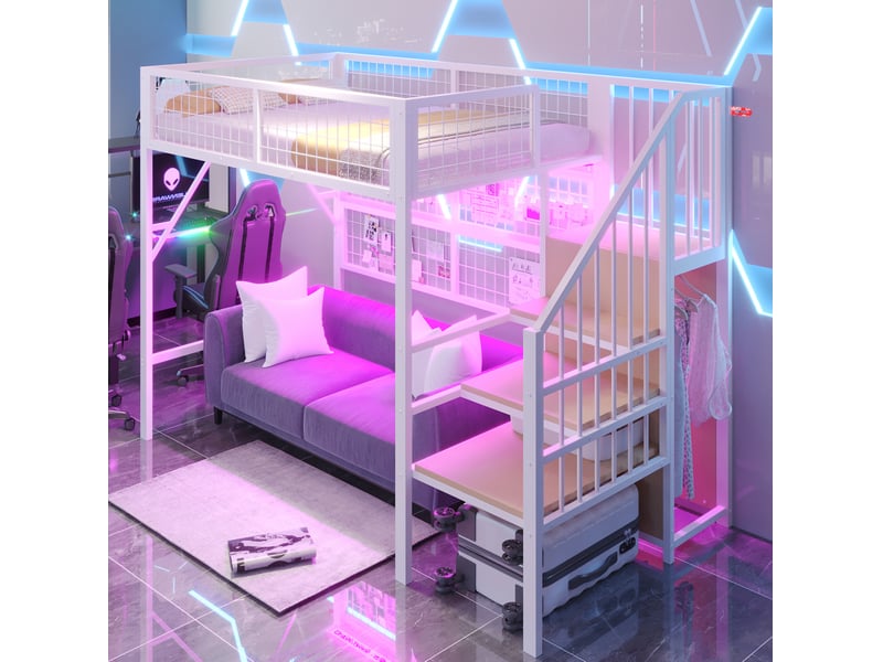 Lit mezzanine 90x200 cm led contrôlable par application, escalier de rangement en métal blanc  - Conforama C