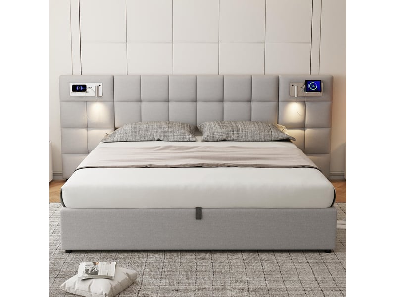  Lit coffre rembourré 180 x 200 cm, rangement hydraulique, usb, charge sans fil, lampe intégrée, sommier à lattes, lin, gris Bliss Lite - Conforama E