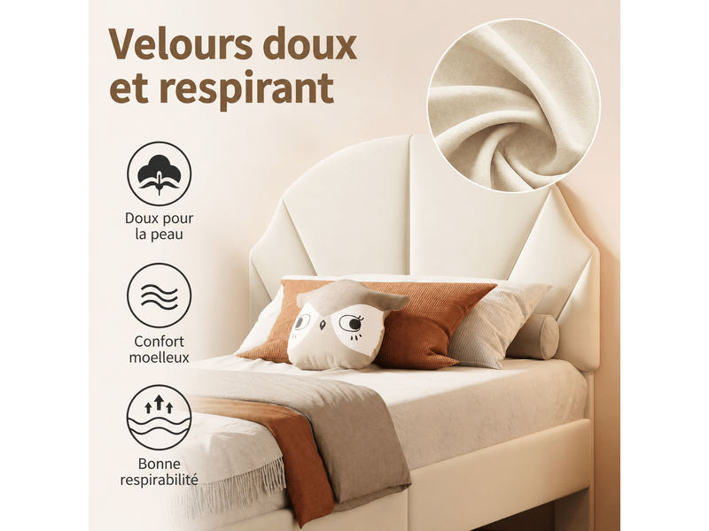  Lit rembourré 90x200 cm avec sommier à lattes, lit enfant avec tête de lit réglable, nuage, lit simple - lit simple enfant 90x200 cm - tête de lit réglable en hauteur - 1 personne  - lit fille 90x200 - cadre de lit enfant - velo…  - Conforama D