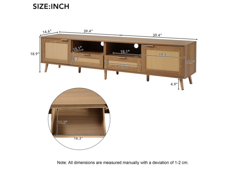  Rovryn meuble tv 200 x 37 x 49 cm décor chêne avec façades en rotin synthétique, 2 portes, 2 tiroirs et pieds en bois massif  - Conforama D
