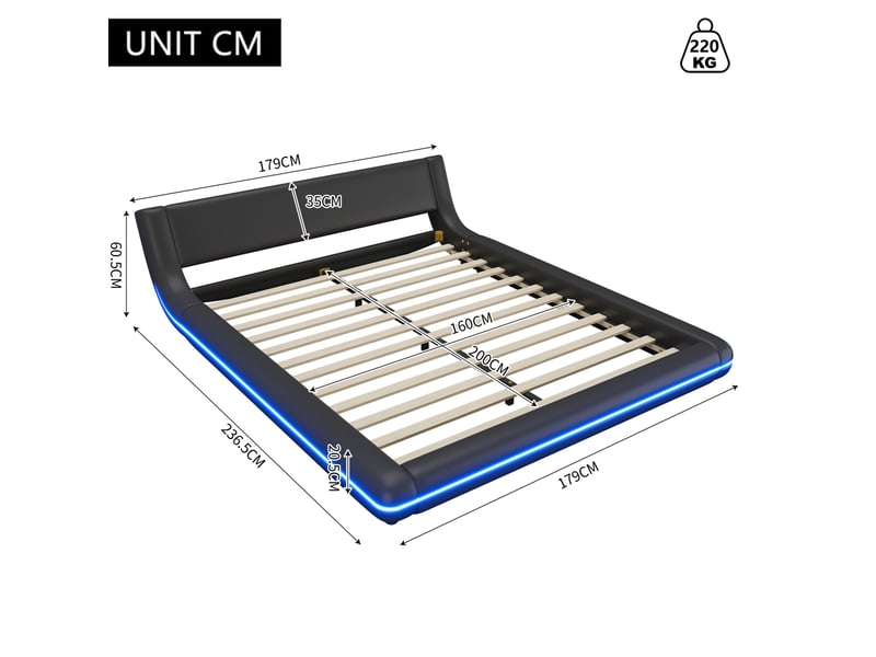  Lit double 160x200 cm avec led coloris noir  - Conforama C