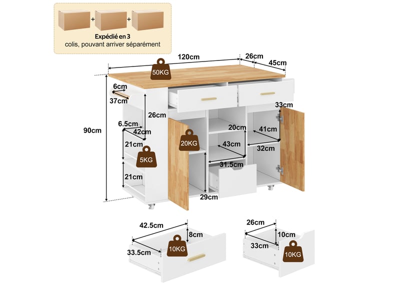  Desserte de cuisine avec plateau rabattable, 3 tiroirs et étagères, roulettes freinées pour cuisine, 120 × 45(71) × 90 cm  - Conforama D