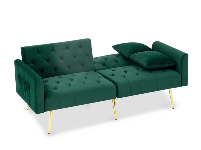  Canapé droit 2 places avec dossier réglable 3 positions et 2 coussins, pieds en métal, en velours vert  - Conforama A