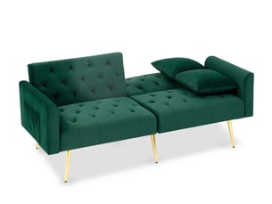 Canapé droit 2 places avec dossier réglable 3 positions et 2 coussins, pieds en métal, en velours vert