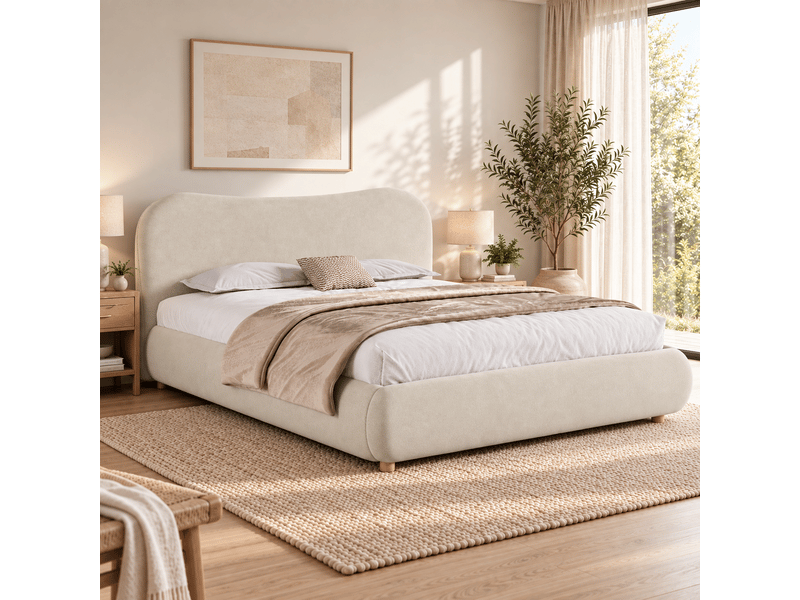 Lit coffre hydraulique 180x200 cm en velours crème avec grand rangement, tête de lit rembourrée et pieds en bois massif Morn Vibe - Conforama E
